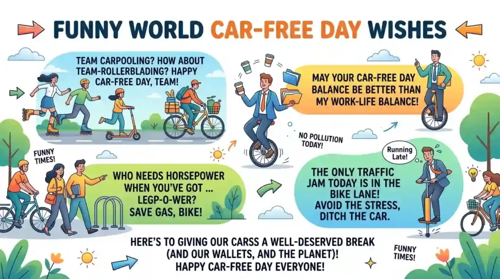 Funny World Car-Free Day Wishes for Group Chats and Coworkers